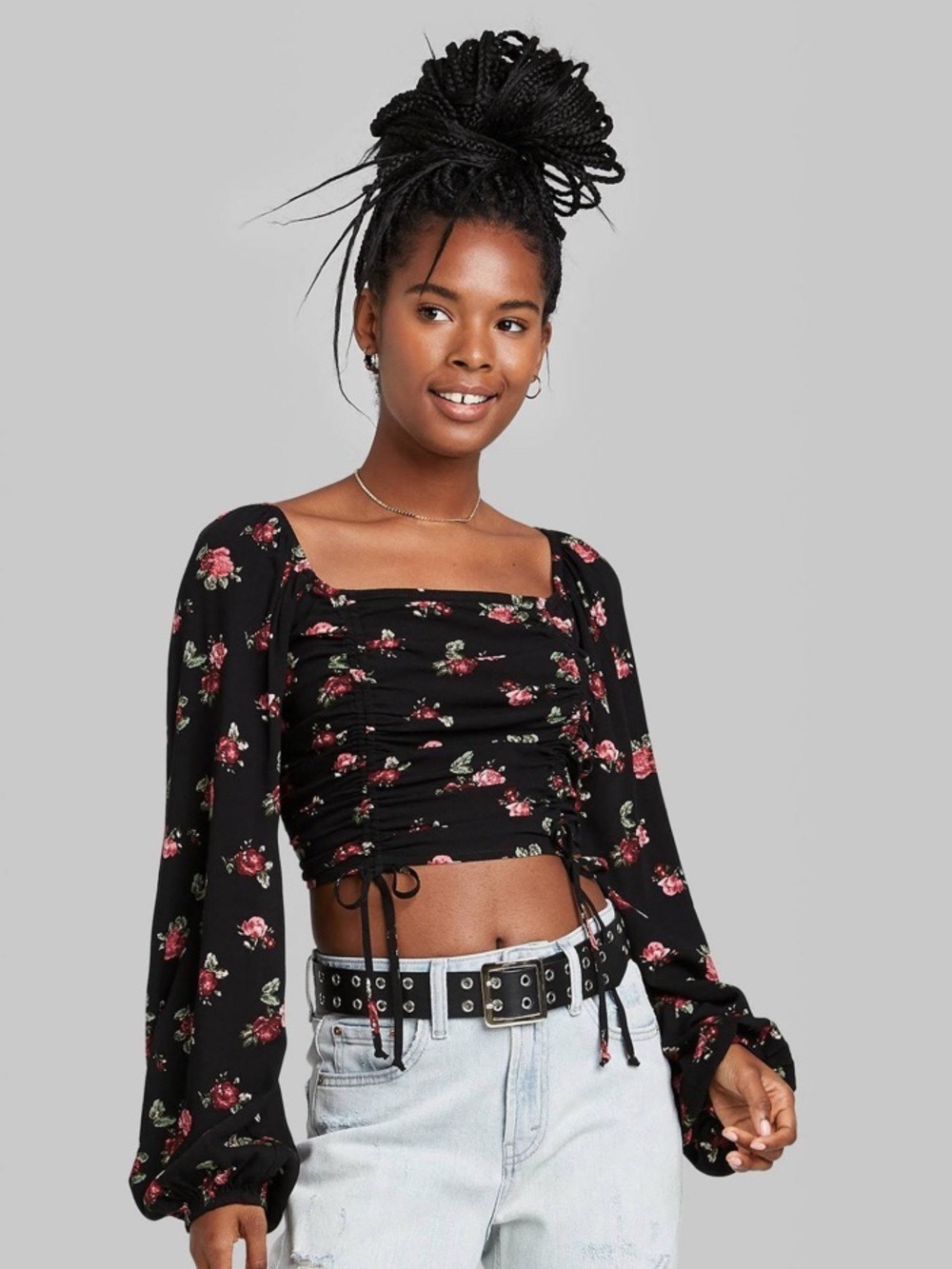 Wild Fable Black Floral Edwardian Ruched Crop Top Large